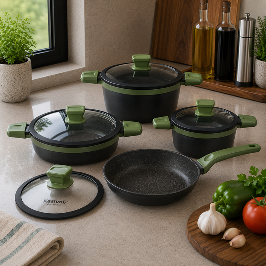 Alpenberg Cookware Set Black/Green with Glass Lids - 8 Pieces