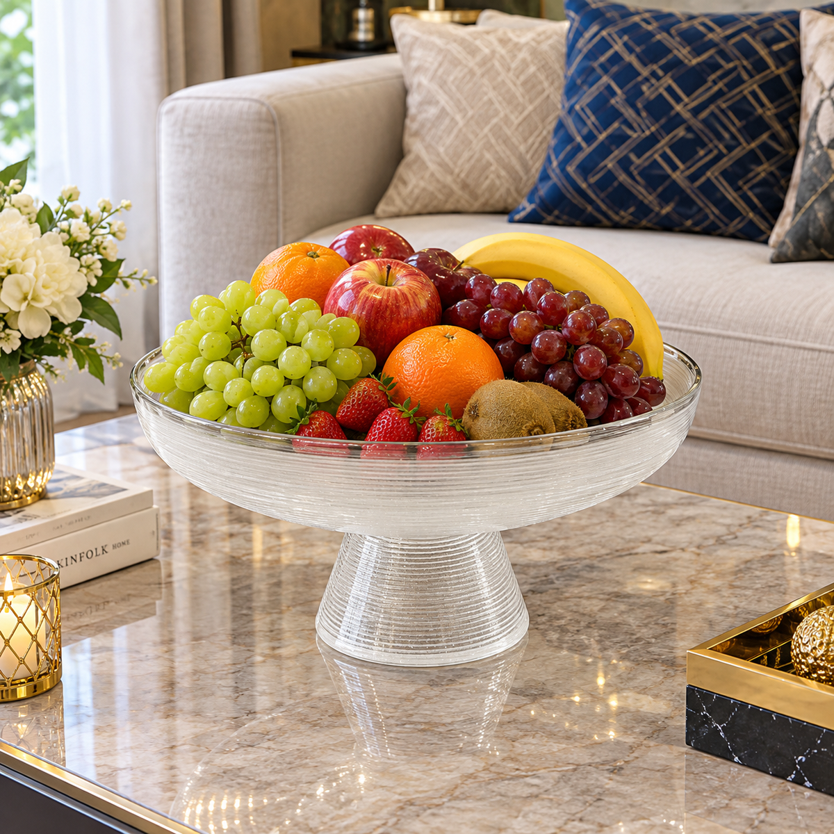 Danny Home Ribbed Glass Pedestal Fruit Bowl – 9.8 & 13 Inches