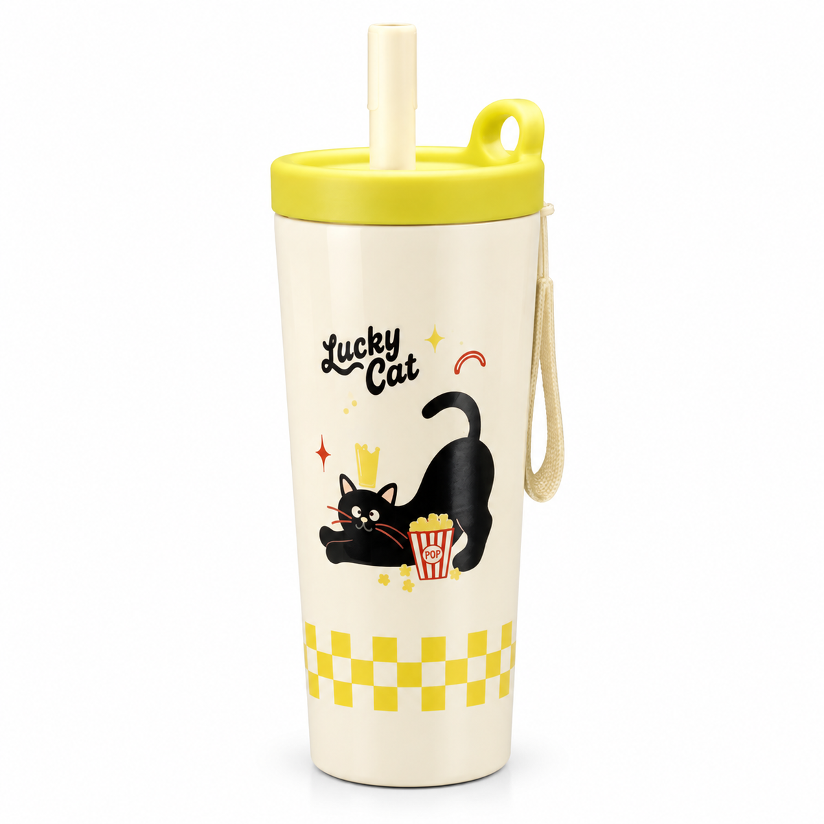 Lucky Cat Tumbler with Straw & Carry Strap - 800ml