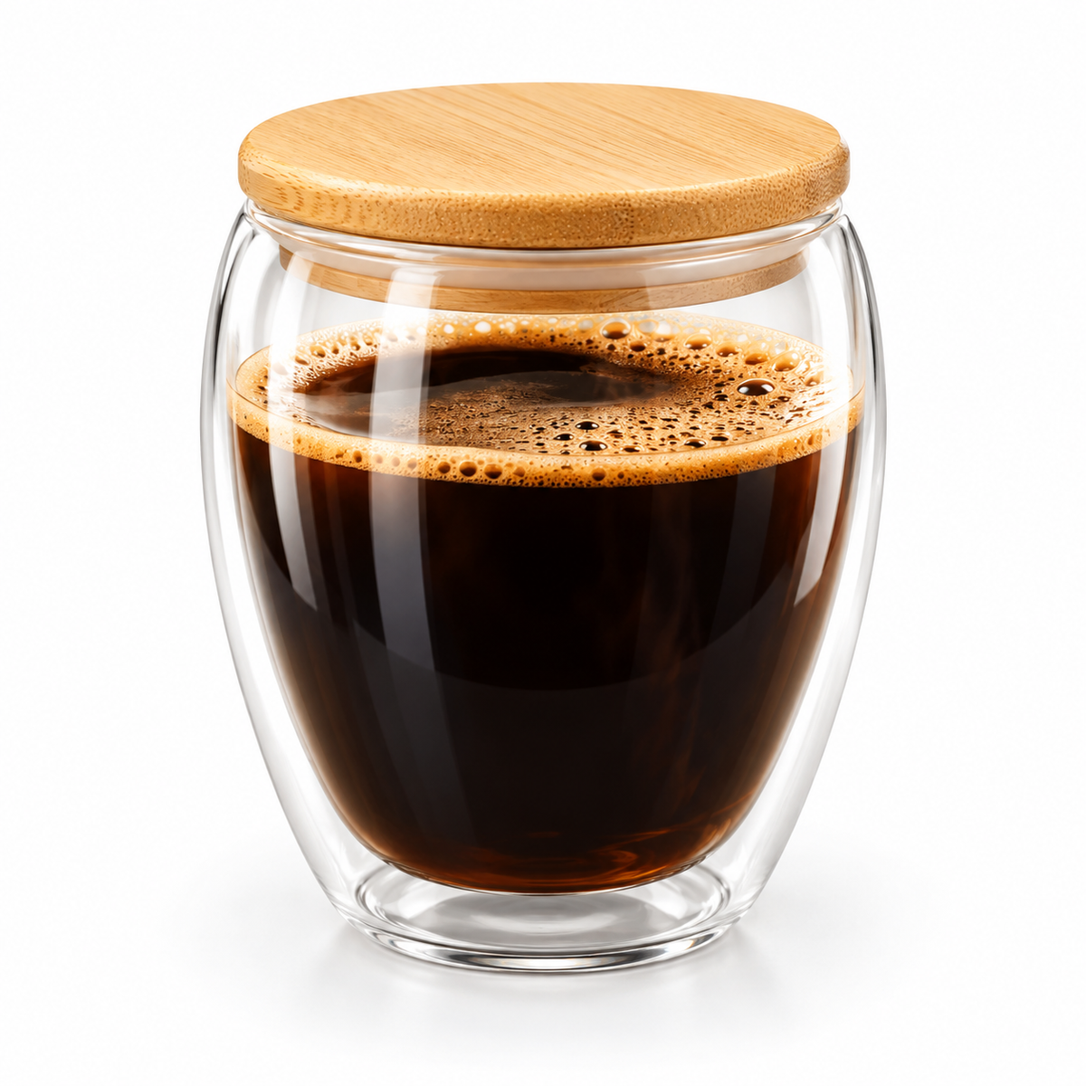 Double-Walled Glass Coffee Cup with Wooden Lid | 350ML