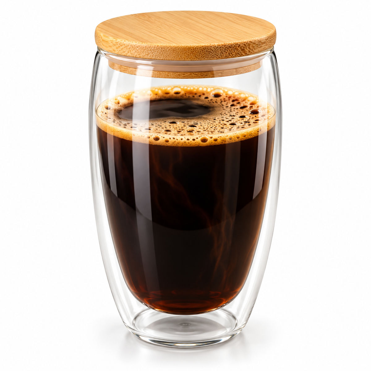 Double-Walled Glass Coffee Cup with Wooden Lid | 450ml