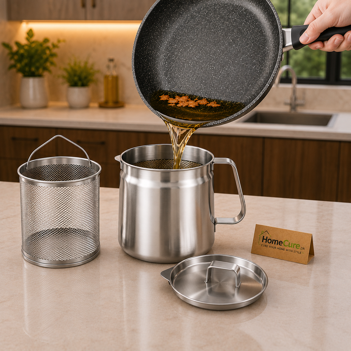 304 Stainless Steel Oil Filter Pot with Fine Mesh Strainer & Lid | With Deep Fryer