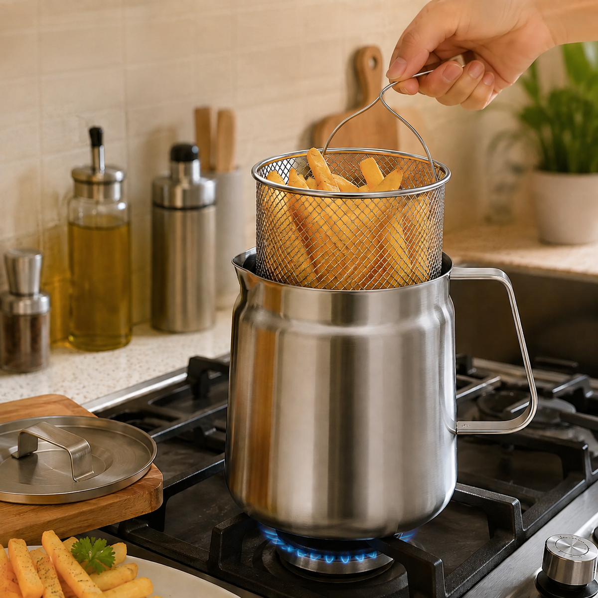 304 Stainless Steel Oil Filter Pot with Fine Mesh Strainer & Lid | With Deep Fryer
