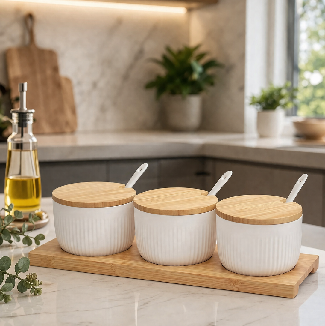 Danny Home Bamboo Tray & Ceramic Pastry Bowls
