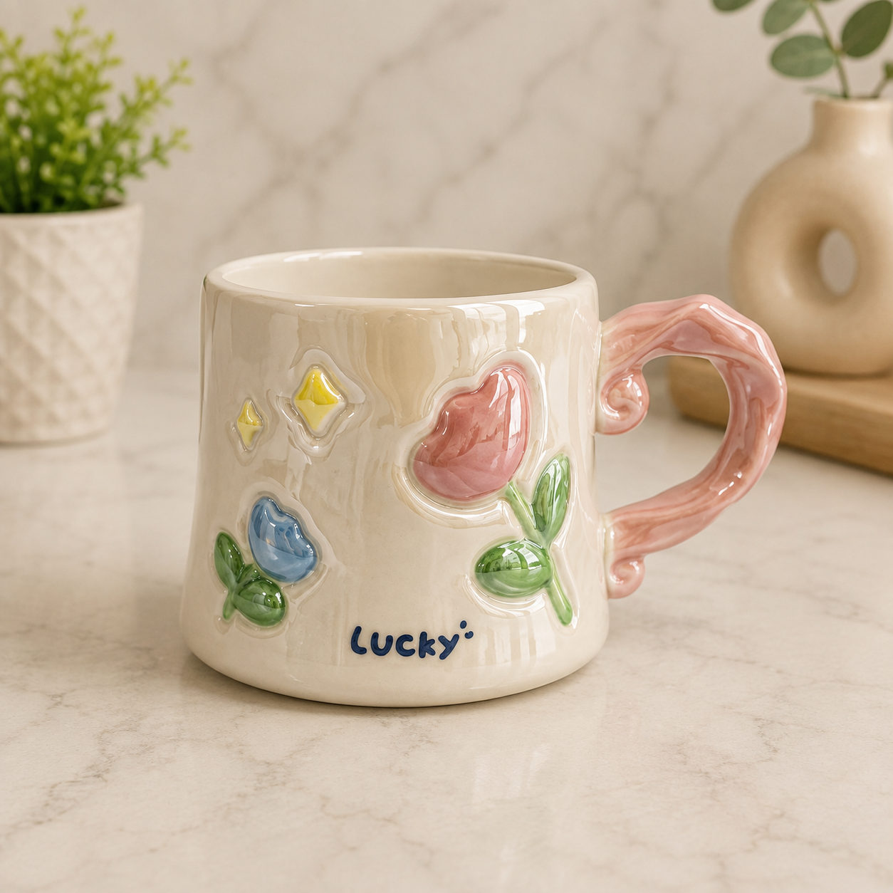 Cute Ceramic Mugs with 3D Floral Design