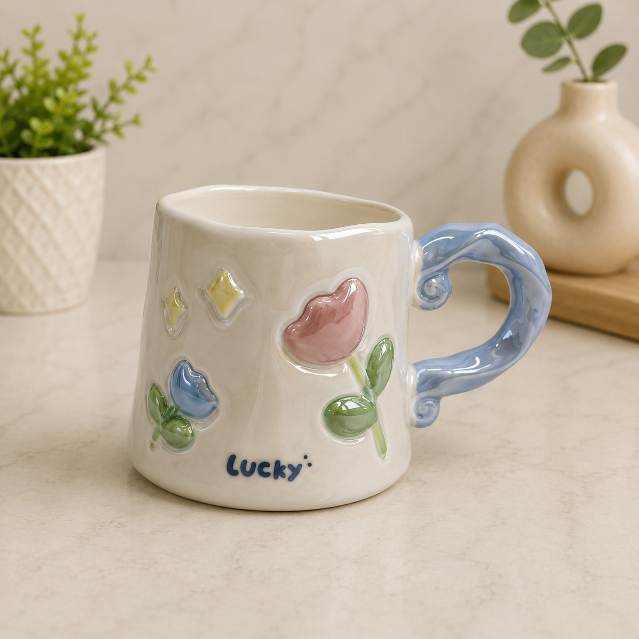 Cute Ceramic Mugs with 3D Floral Design