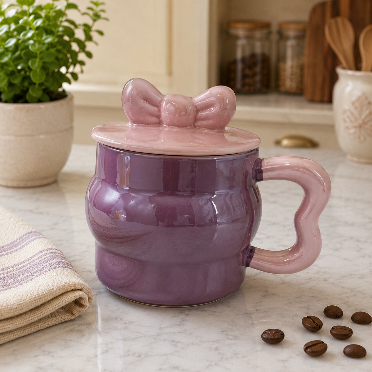 Cute Ceramic Coffee Mug with Lid and Bow Design