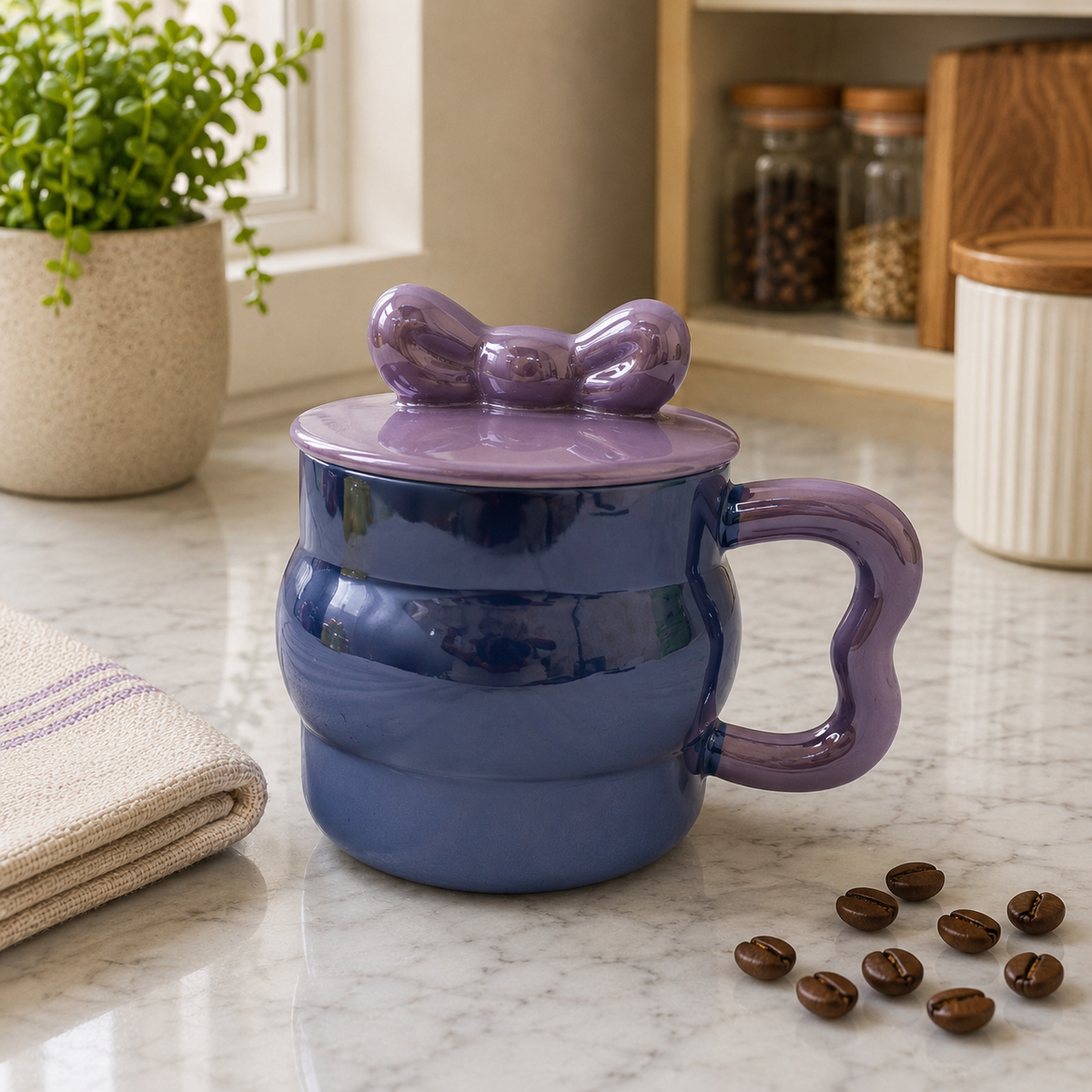 Cute Ceramic Coffee Mug with Lid and Bow Design