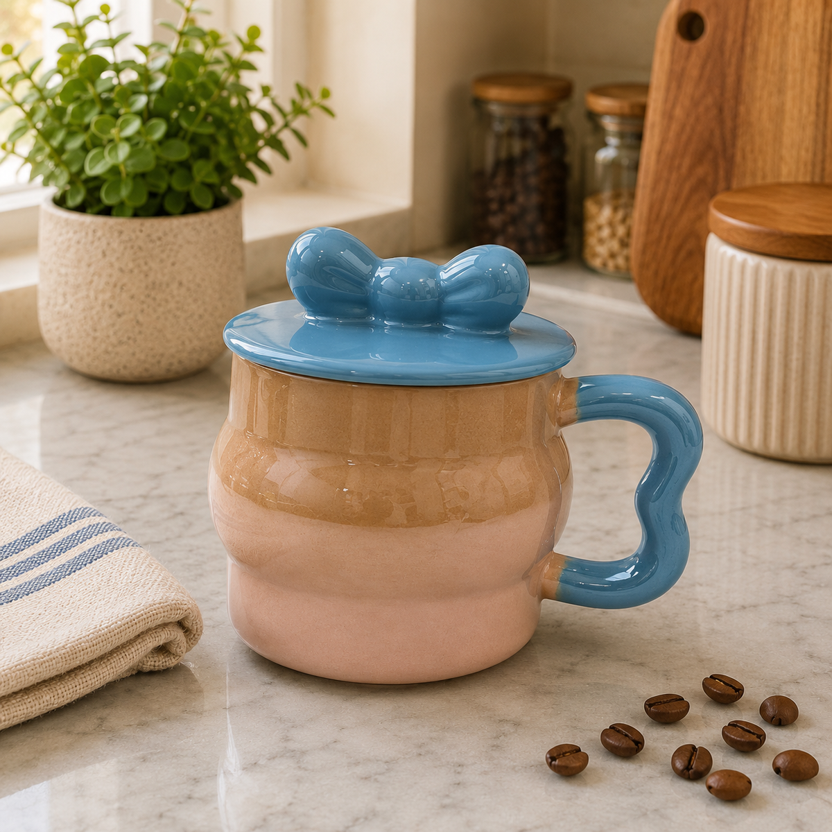 Cute Ceramic Coffee Mug with Lid and Bow Design