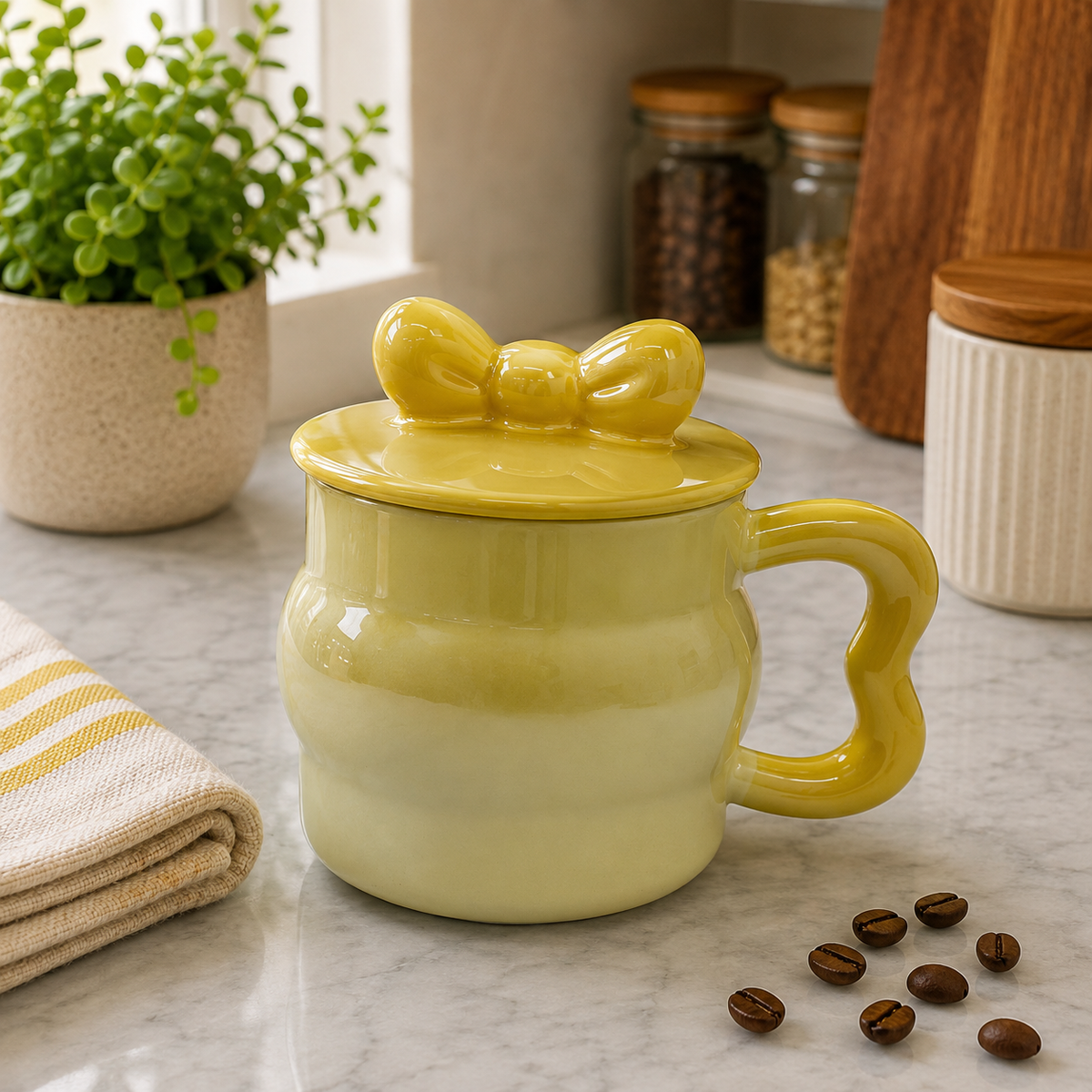 Cute Ceramic Coffee Mug with Lid and Bow Design