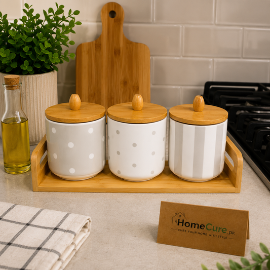 3-Piece Ceramic Kitchen Storage Jar Set with Bamboo Tray & Wooden Lids | HomeCure.pk