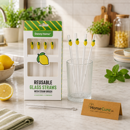 Danny Home Reusable Lemon Glass Straw Set with Cleaning Brush – 5 Pcs