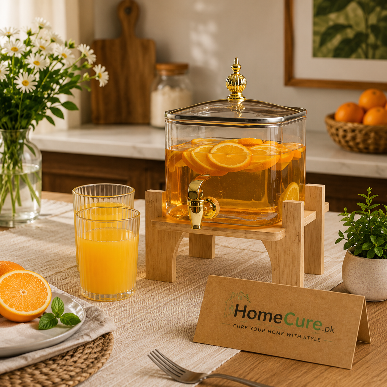 Square Luxury Glass Beverage Dispenser with Wooden Stand