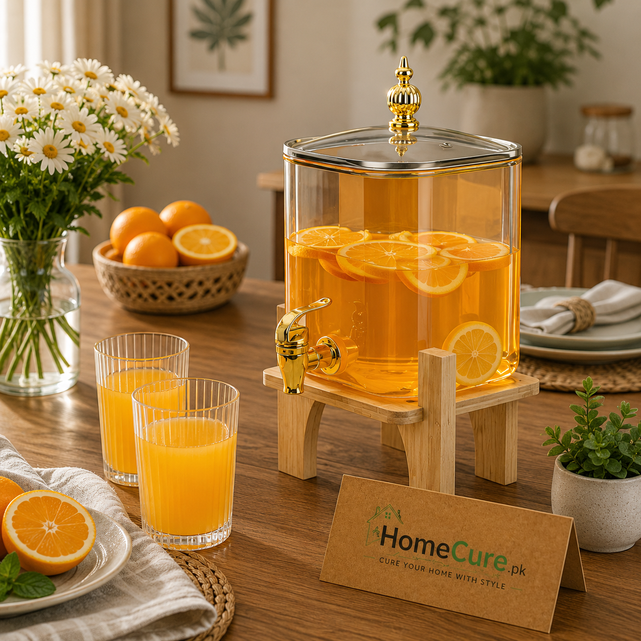 Square Luxury Glass Beverage Dispenser with Wooden Stand