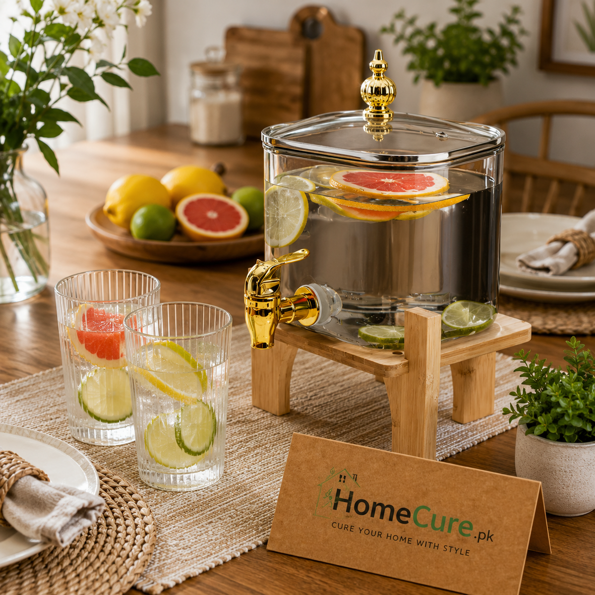 Luxury Square Black Glass Beverage Dispenser with Wooden Stand
