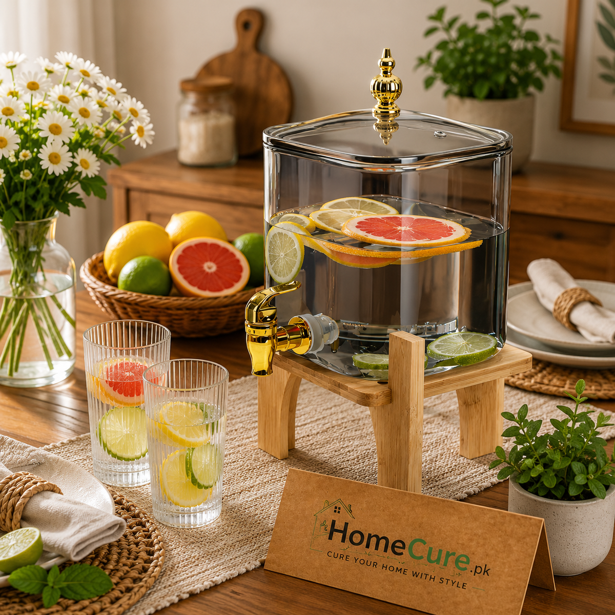 Luxury Square Black Glass Beverage Dispenser with Wooden Stand