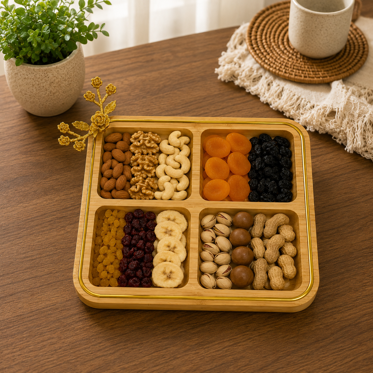 Square Bamboo Divided Tray with Golden Accent | Medium