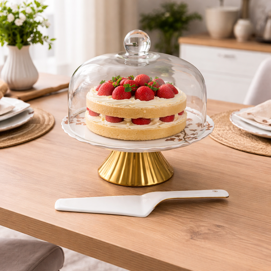 Angela 11.5" Ceramic Cake Stand with Glass Lid & Lifter - BRD339