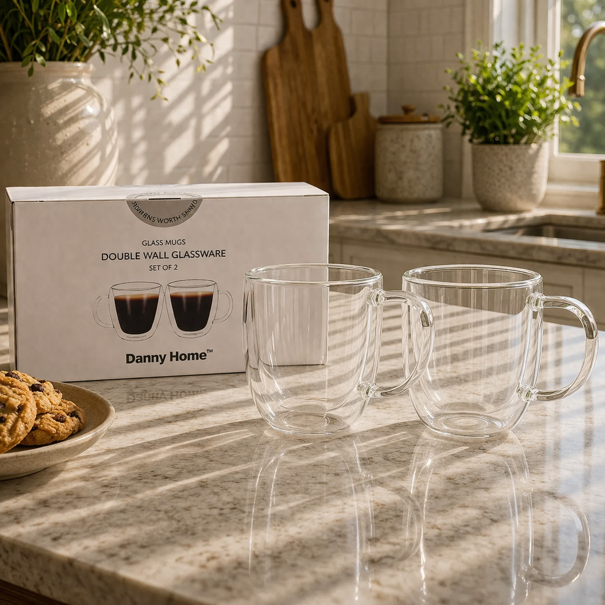 Danny Home Double Walled Glass Mug with Handle 150ml - 2Pcs Set