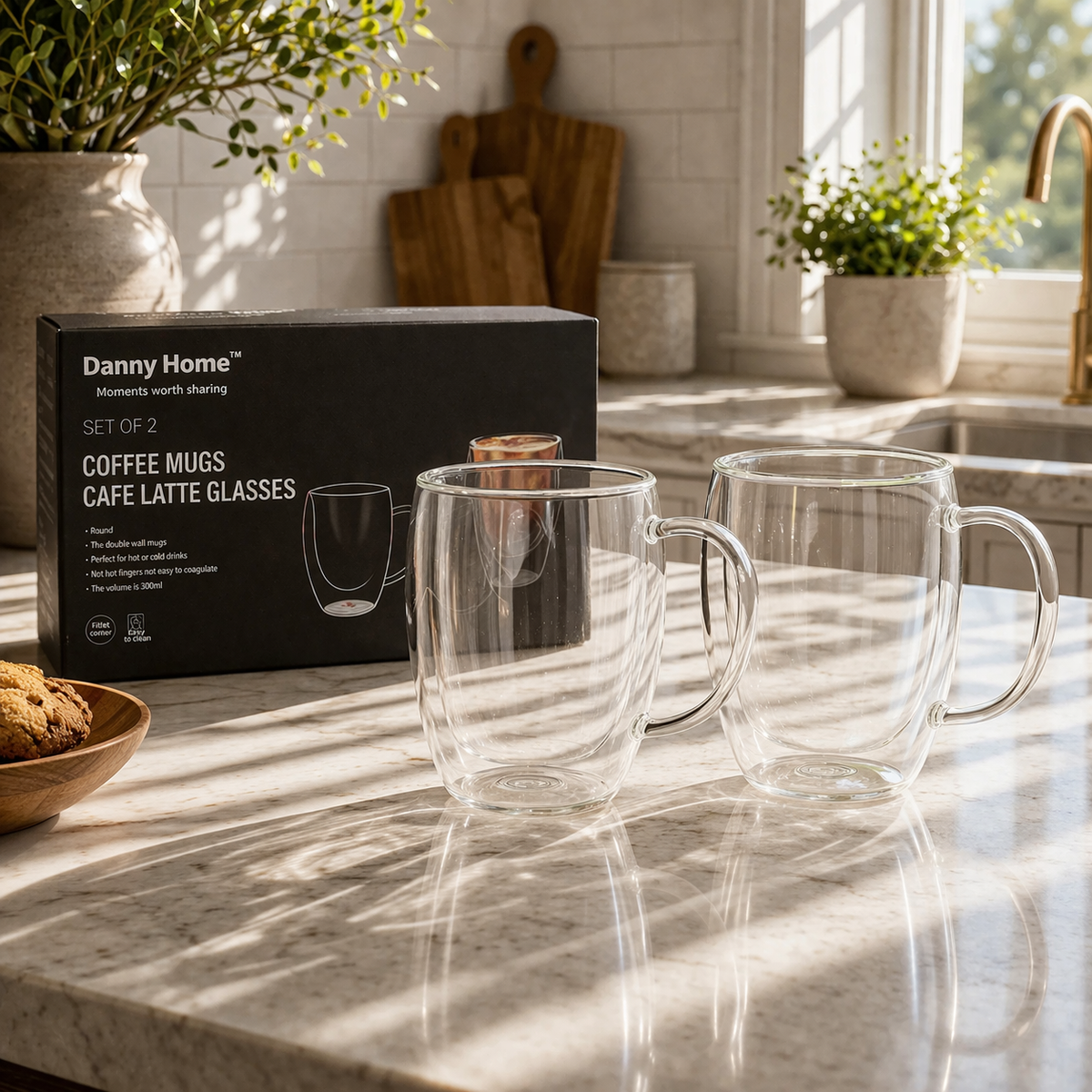 Danny Home Double Walled Glass Mug with Handle 300ml - 2Pcs Set