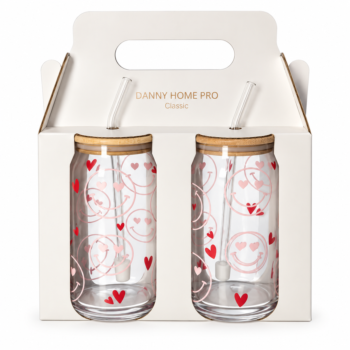 Danny Home Drinking Glass Cup 2pcs 500ml - Red Hearts & Smiley Face Printed