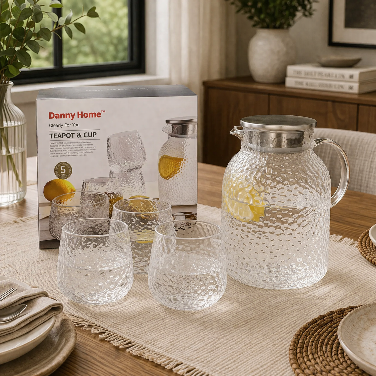 Danny Home 5Pcs Teapot & Glass Set - Hammered Texture