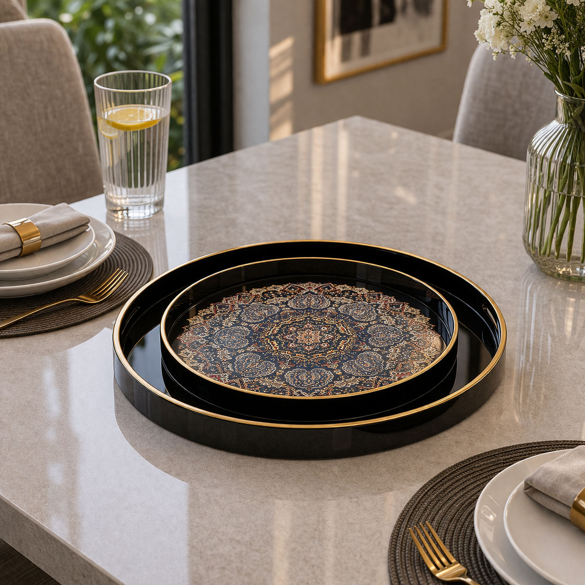 Angela Luxury Black & Gold Persian Design MDF Serving Tray