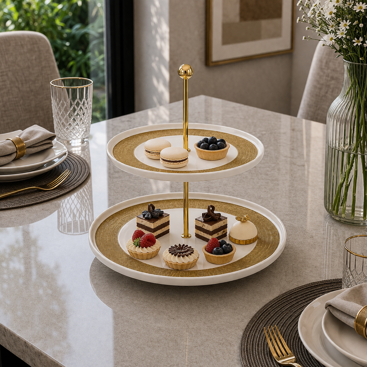 Angela Elegant White & Gold Textured Ceramic Two-Tier Pastry Tray