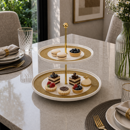 Angela Elegant White & Gold Textured Ceramic Two-Tier Pastry Tray