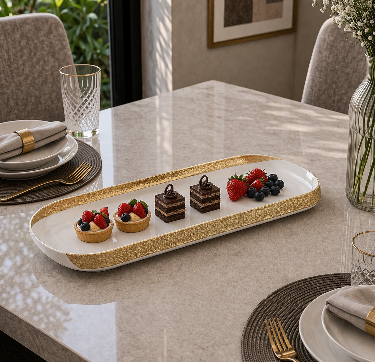 Angela Elegant Gold Rim Ceramic Serving Tray