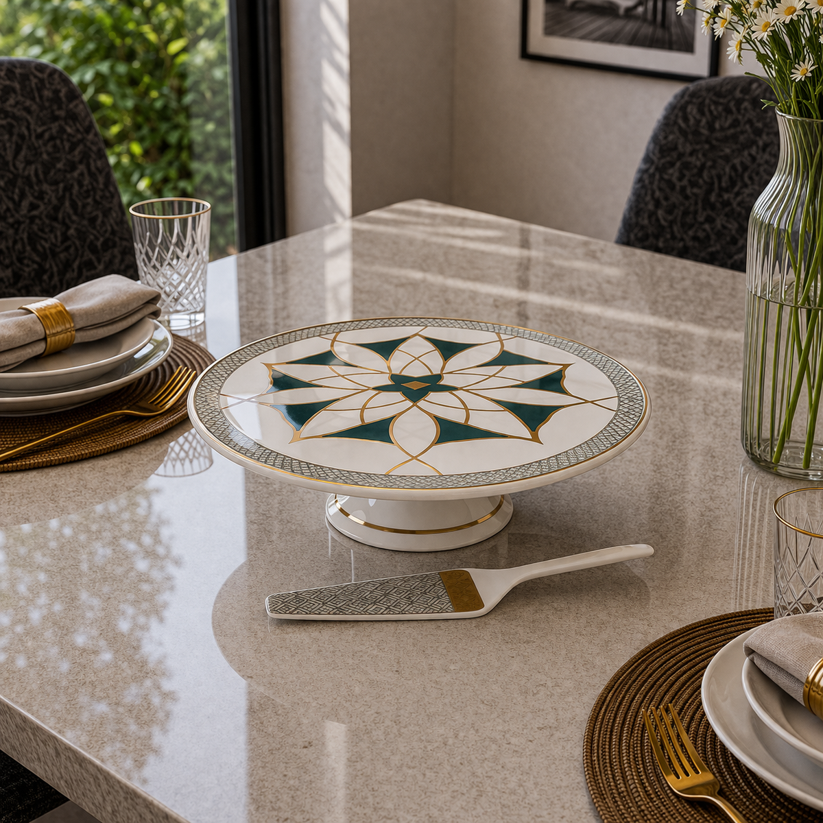 Angela Elegant Geometric Gold Accent Ceramic Cake Stand with Server