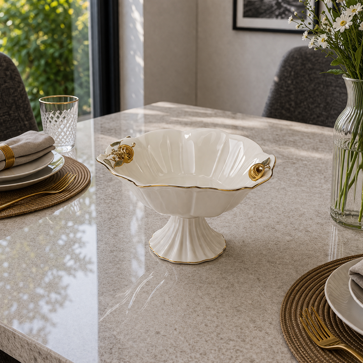 Angela Royal Floral Gold Accent Ceramic Pedestal Bowl – 10.5 Inch