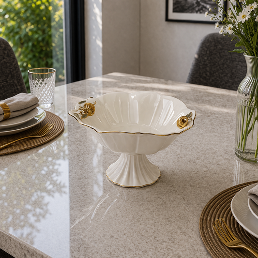 Angela Royal Floral Gold Accent Ceramic Pedestal Bowl – 10.5 Inch