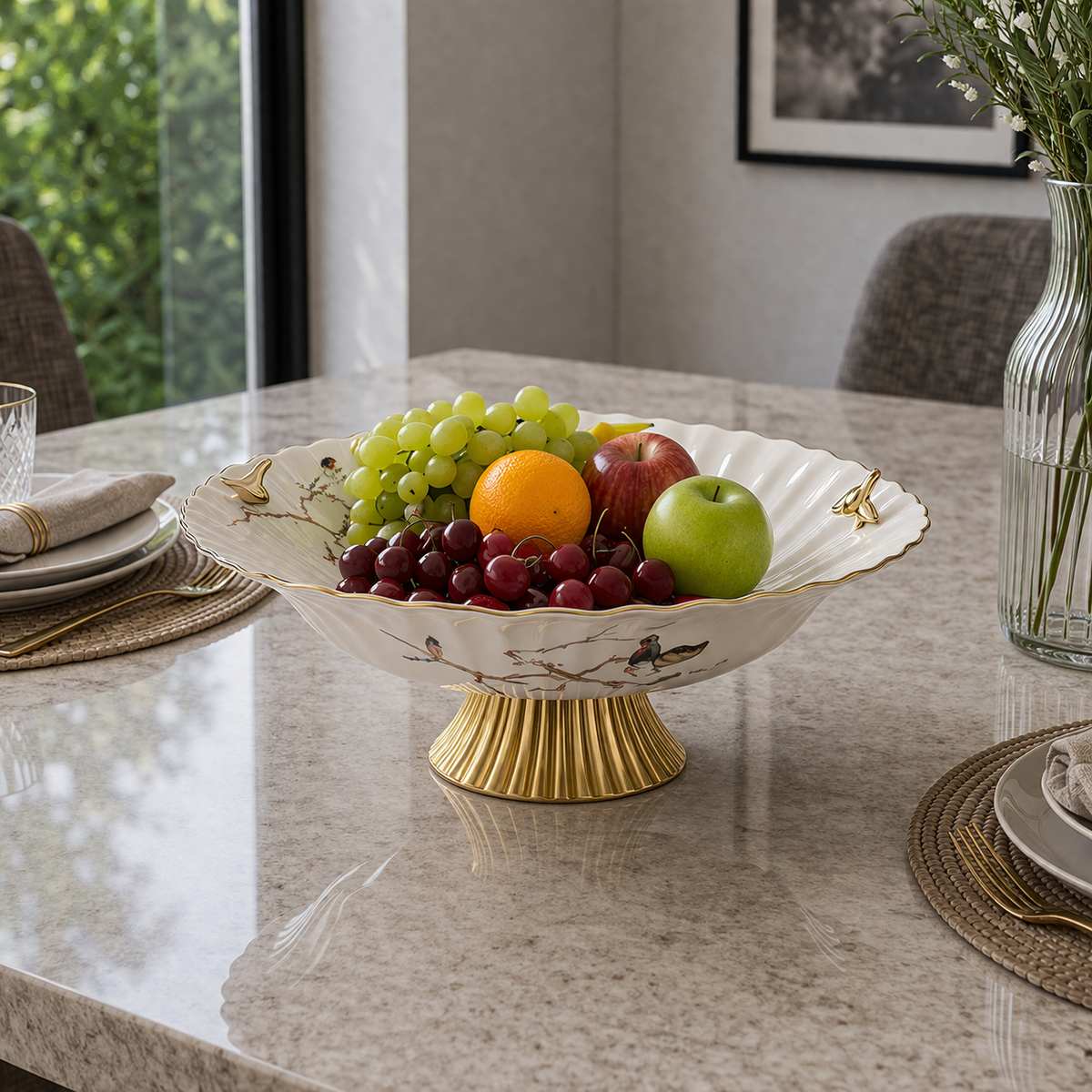Angela Elegant Bird & Gold Pedestal Ceramic Fruit Bowl