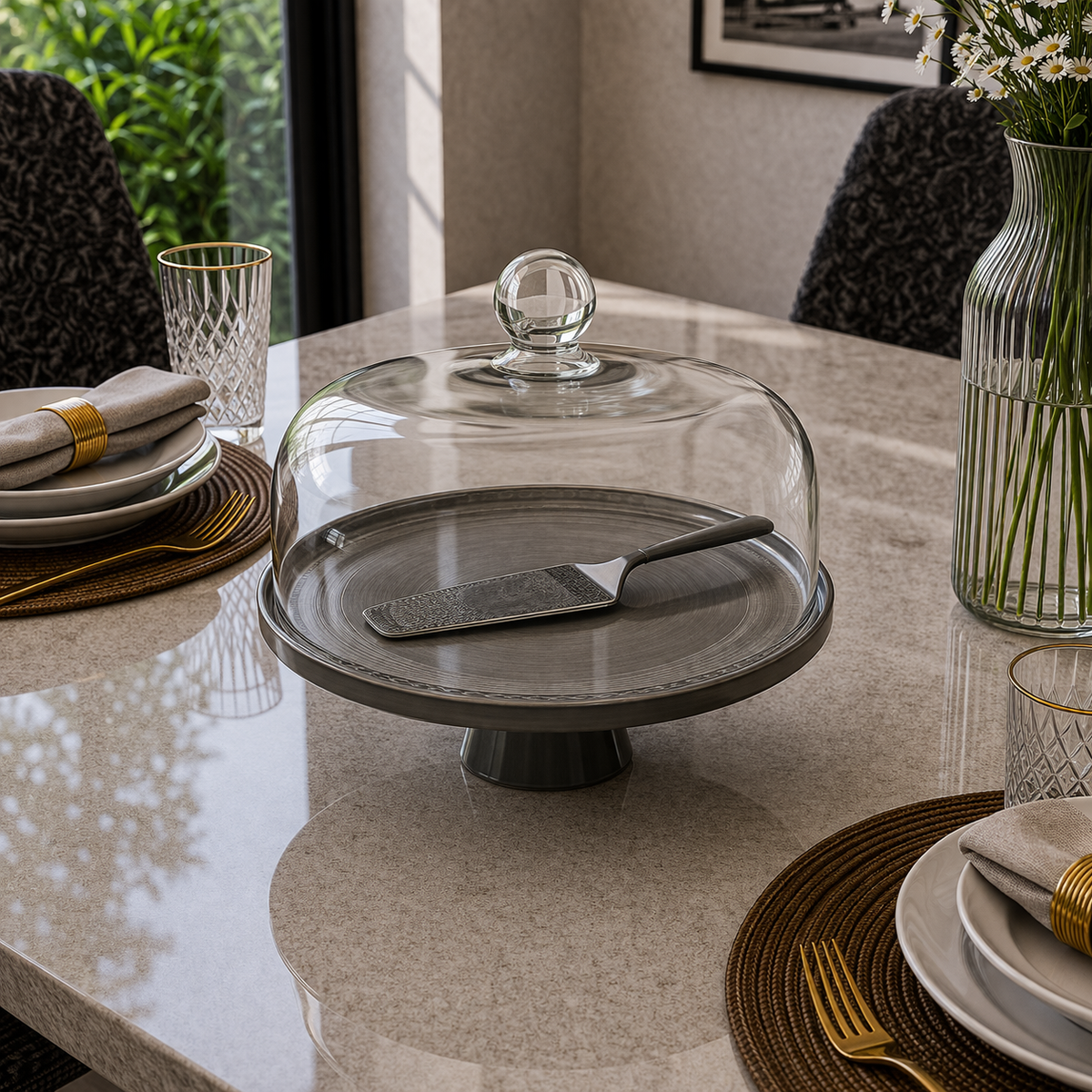 Angela Modern Metallic Finish Ceramic Cake Dome Set