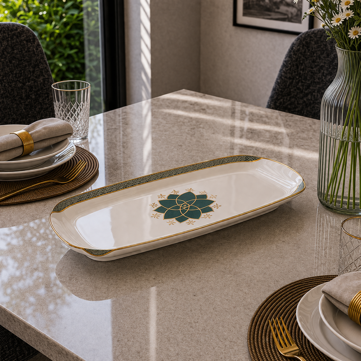 Angela Luxury Green & Gold Geometric Ceramic Serving Dish