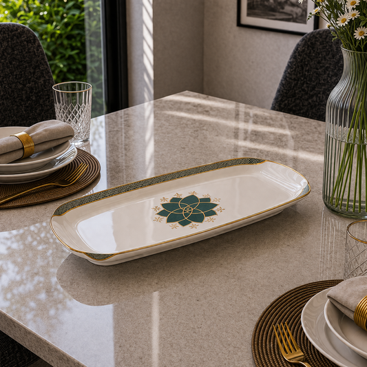 Angela Luxury Green & Gold Geometric Ceramic Serving Dish