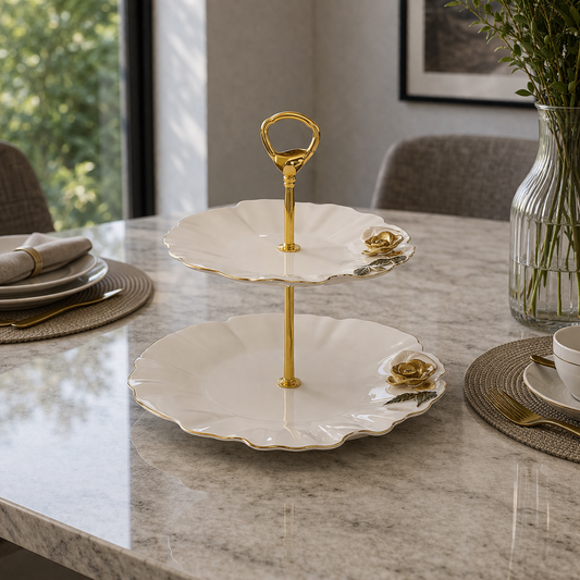 Angela Elegant Floral Gold-Tier Ceramic Cake Stand