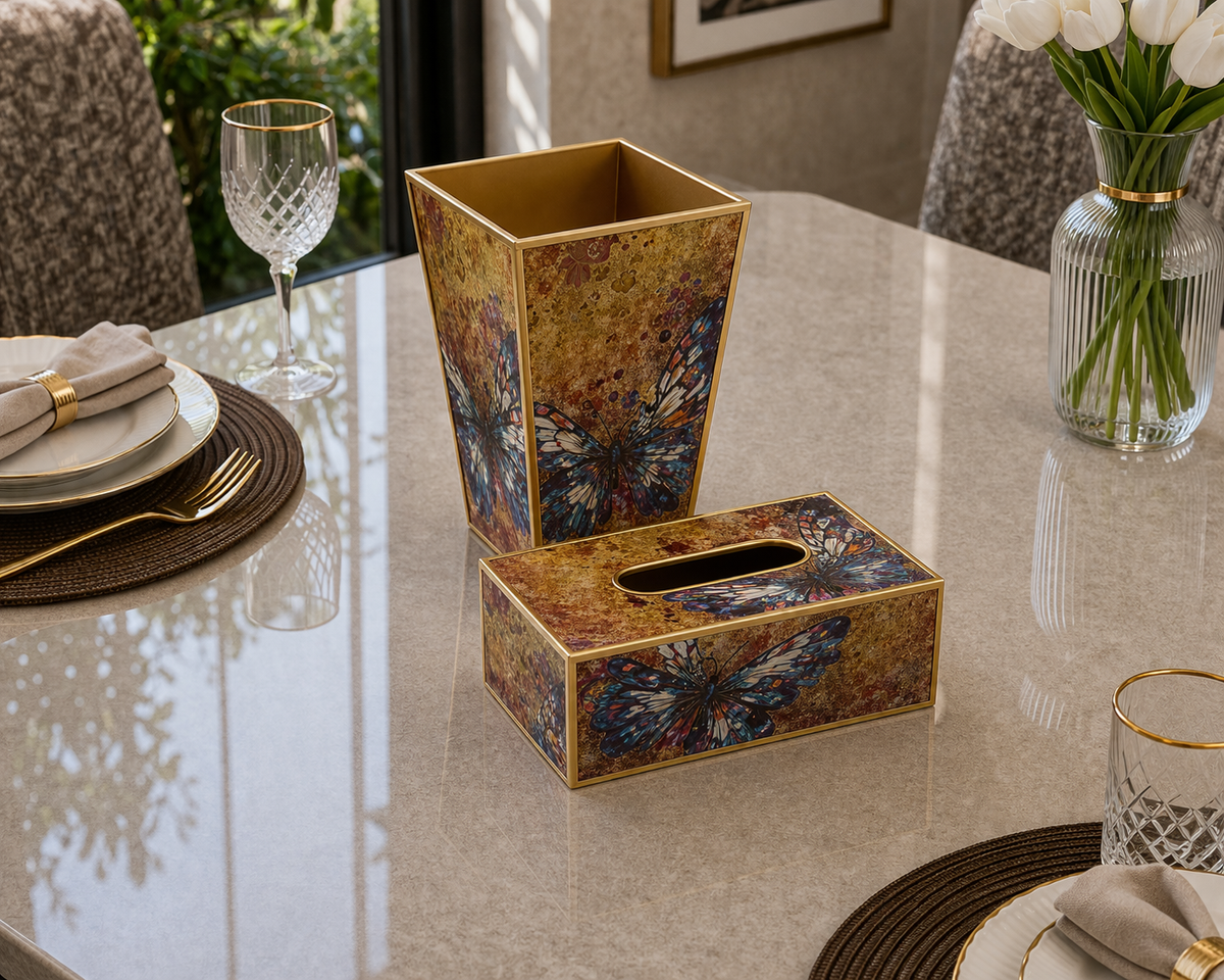 Angela Luxury Abstract Tree Art MDF Dustbin & Tissue Box Set