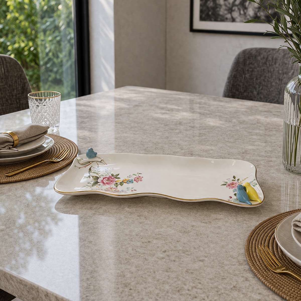 Angela Elegant Floral Bird Accent Ceramic Serving Dish