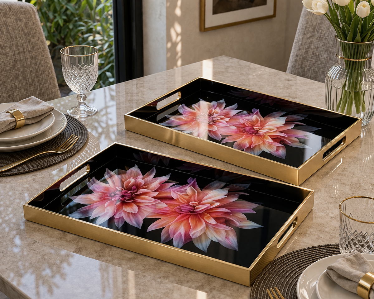 Angela Luxury Blossom Floral Metal Serving Tray Set