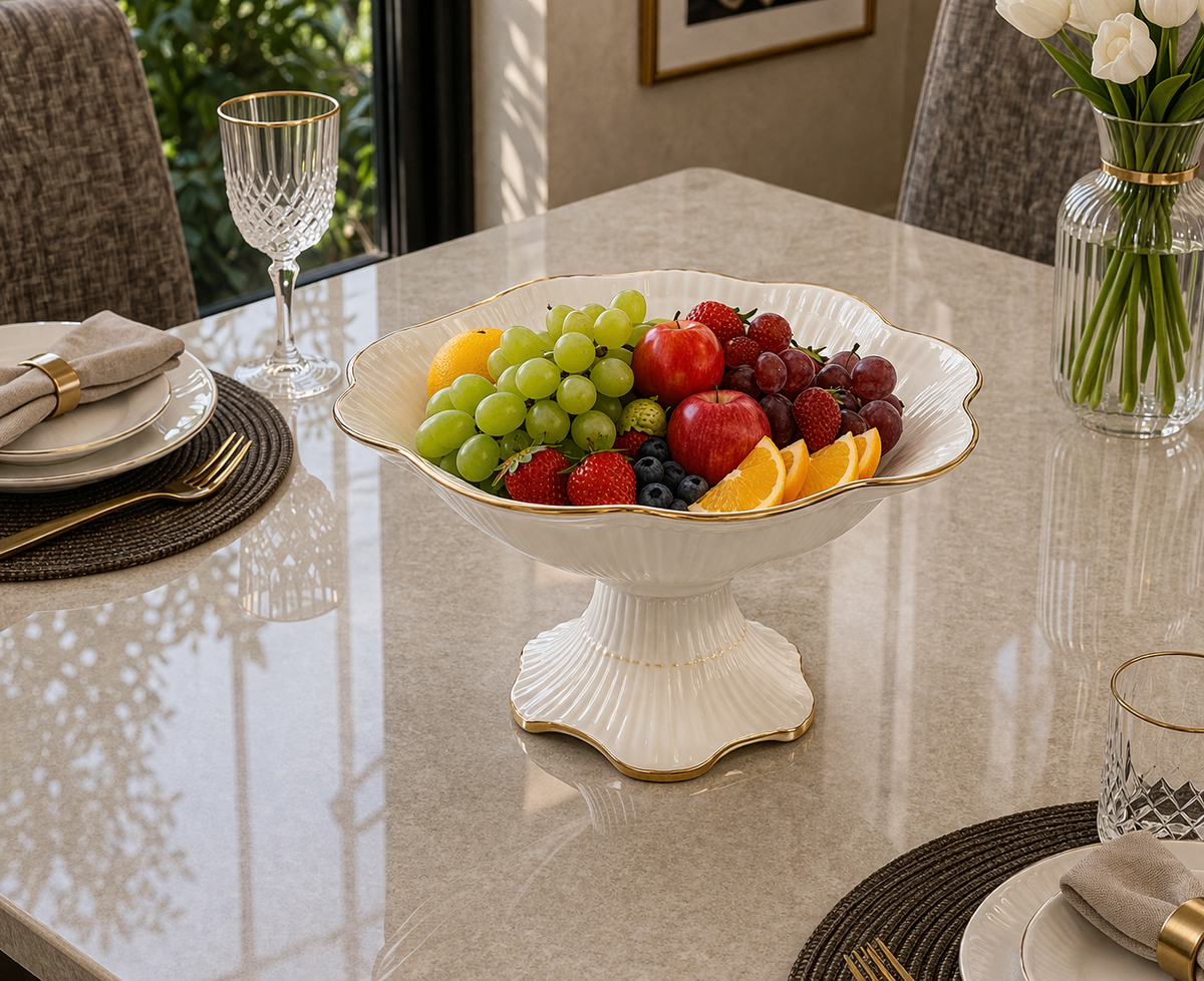 Angela Elegant Pedestal Ceramic Fruit Bowl with Gold Rim