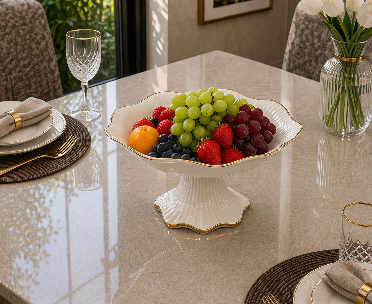 Angela Elegant Scalloped Pedestal Ceramic Fruit Bowl with Gold Rim