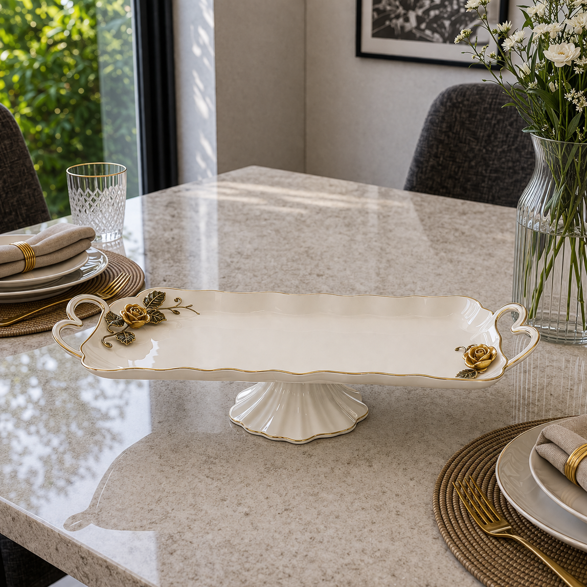 Angela Royal Floral Gold Accent Ceramic Pedestal Tray – 18.5 Inch