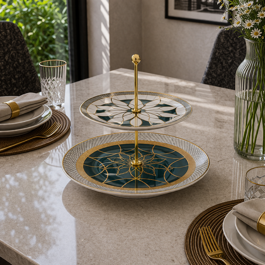 Angela Luxury Geometric Gold Accent Two-Tier Ceramic Pastry Stand