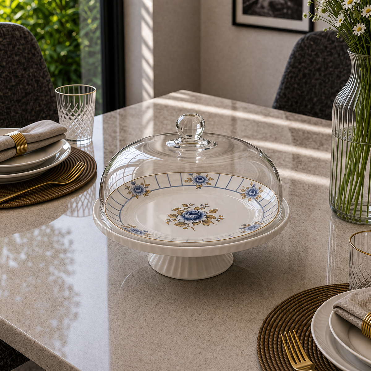 Angela Elegant Blue Floral Glass Dome Ceramic Cake Stand