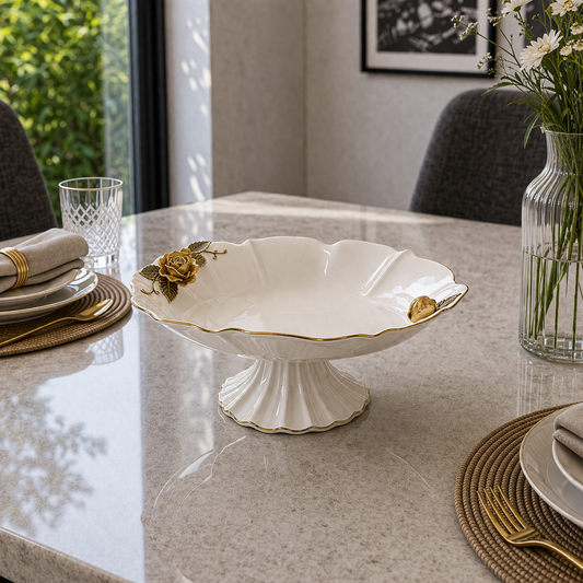 Angela Royal Floral Gold Accent Ceramic Pedestal Bowl – 12 Inch