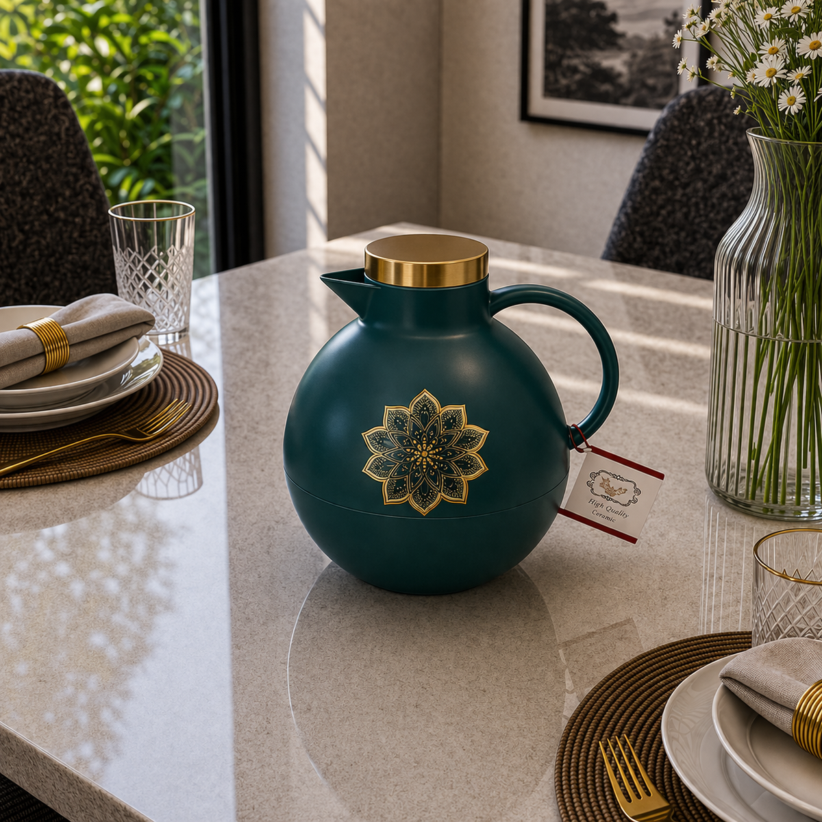 Angela Luxury Green Floral Insulated Fiber Teapot with Glass Interior