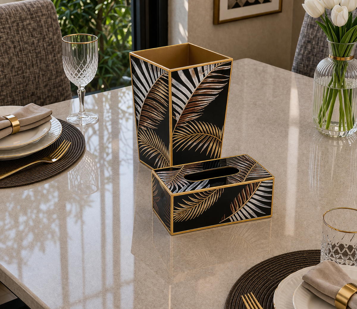 Angela Luxury Palm Leaf MDF Dustbin & Tissue Box Set