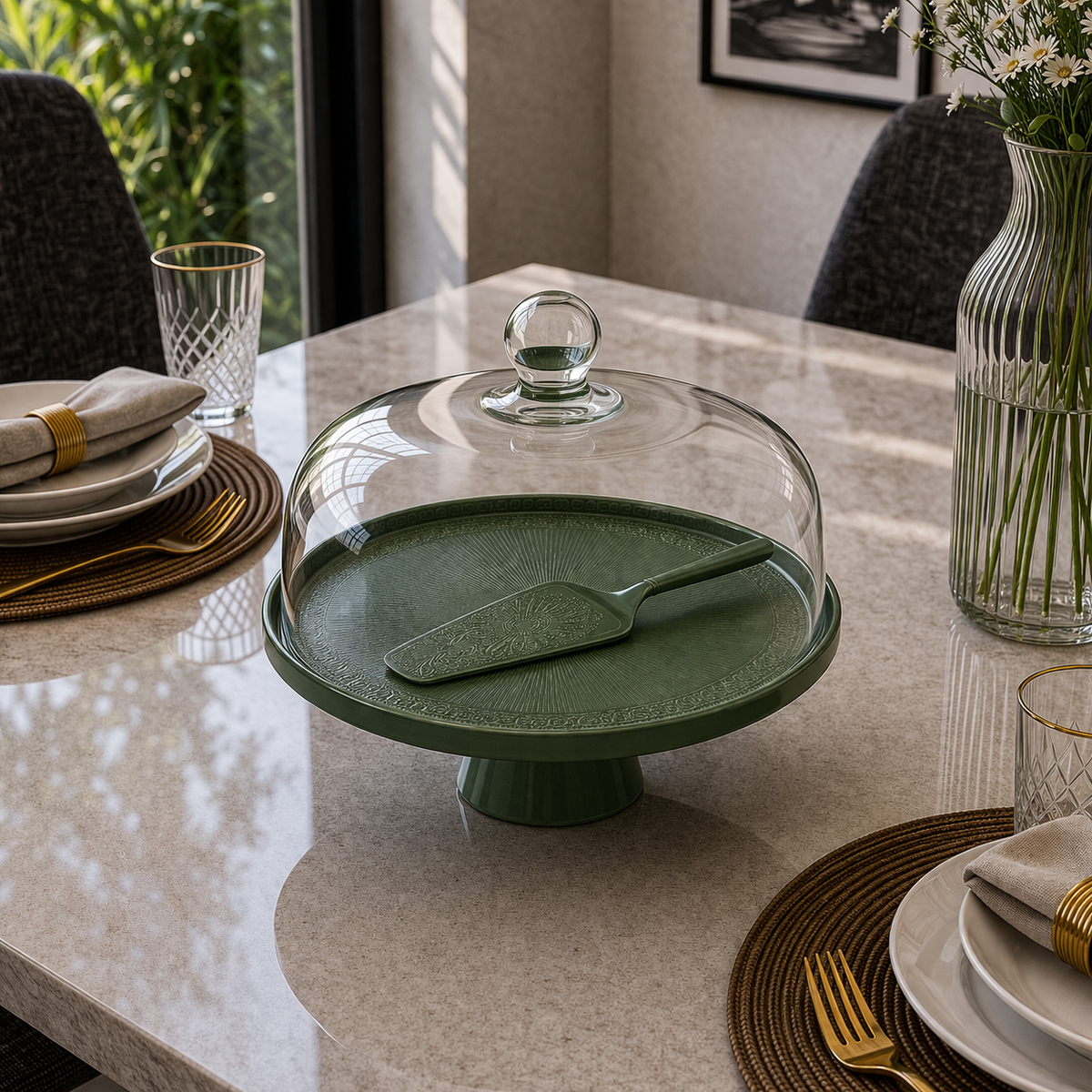 Angela Elegant Green Glass Dome Ceramic Cake Stand Set